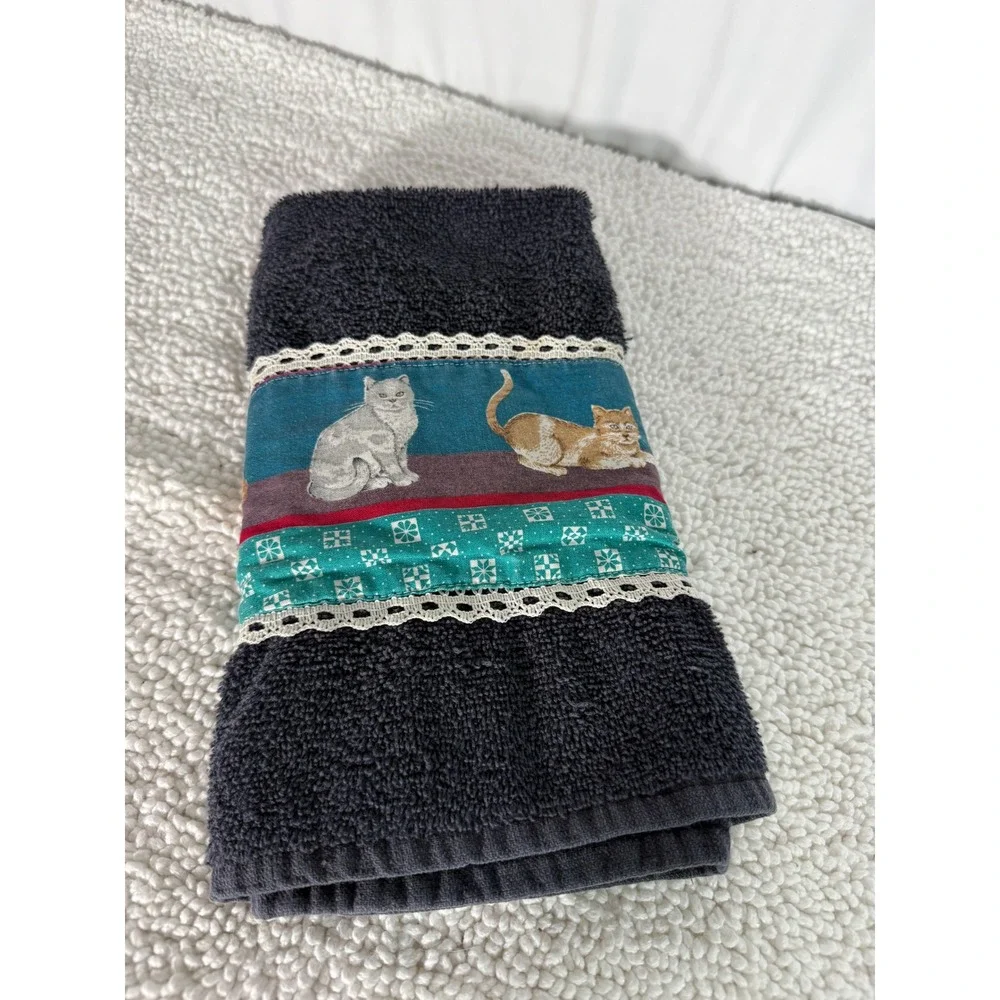 Stevens Dark Blue Hand Towel with Adorable Cat Print Trim Lace Accent